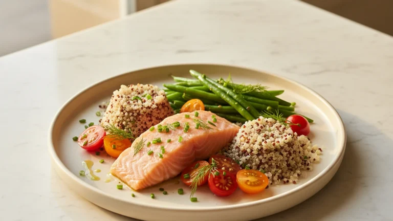 Plat équilibré post-chirurgie : saumon, légumes verts, quinoa — RRAC nutrition péri-opératoire — Tiffanie Trémeau diététicienne Lyon