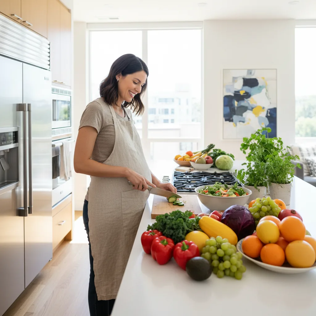 Femme enceinte preparant un repas sain et equilibre