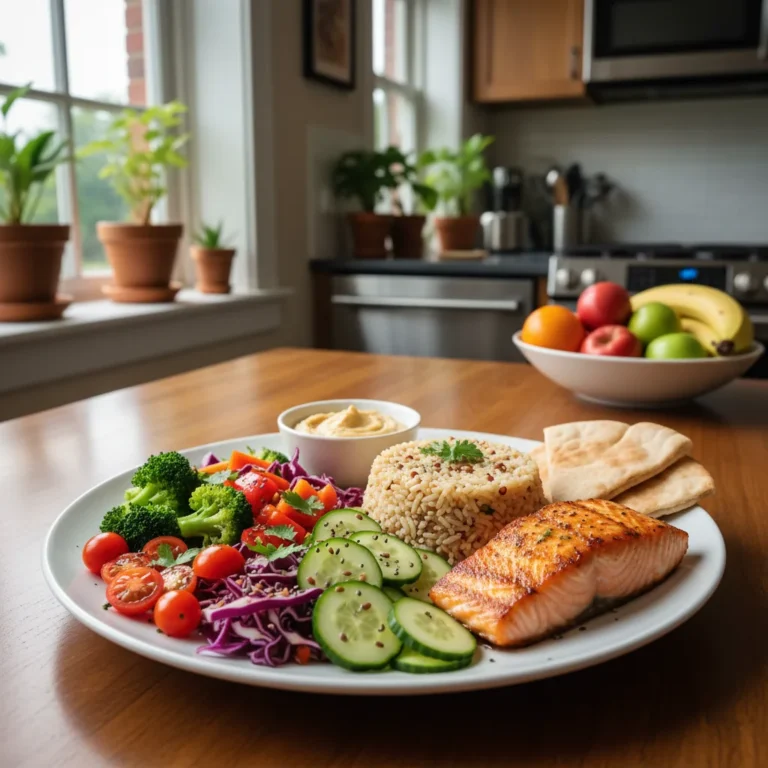 Assiette equilibree de legumes et cereales completes pour un reequilibrage alimentaire