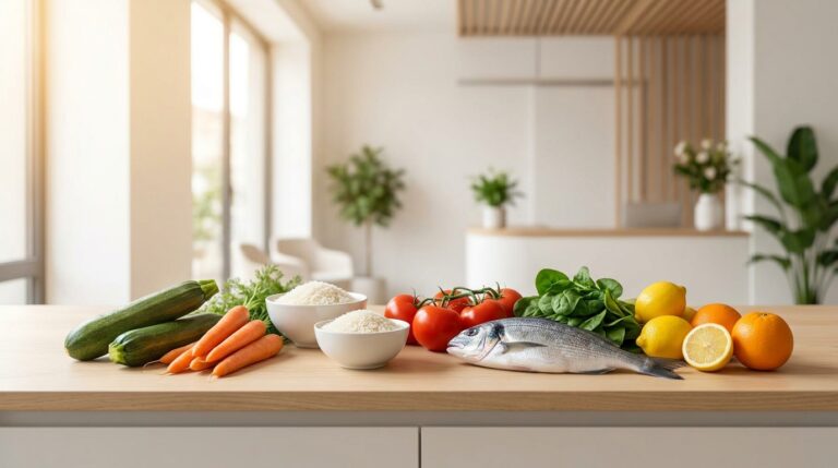 Aliments frais pauvres en FODMAP disposés dans un cabinet de diététique lumineux