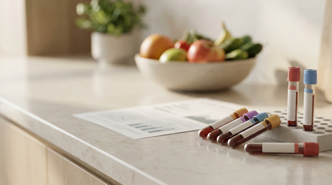 Tubes de prélèvement sanguin et feuille de résultats pour un bilan micronutritionnel