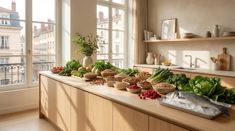 Aliments frais à index glycémique bas disposés dans un cabinet de nutrition clinique