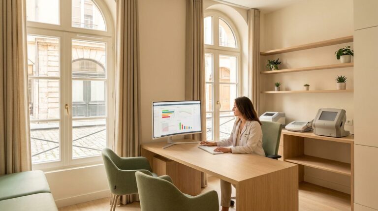 Diététicienne analysant une mesure de composition corporelle dans un cabinet clinique lumineux à Lyon
