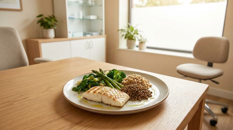 Assiette équilibrée à index glycémique bas dans un cabinet de nutrition lumineux