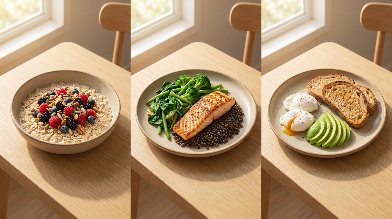 Trois repas concrets à index glycémique bas : petit-déjeuner, déjeuner et dîner