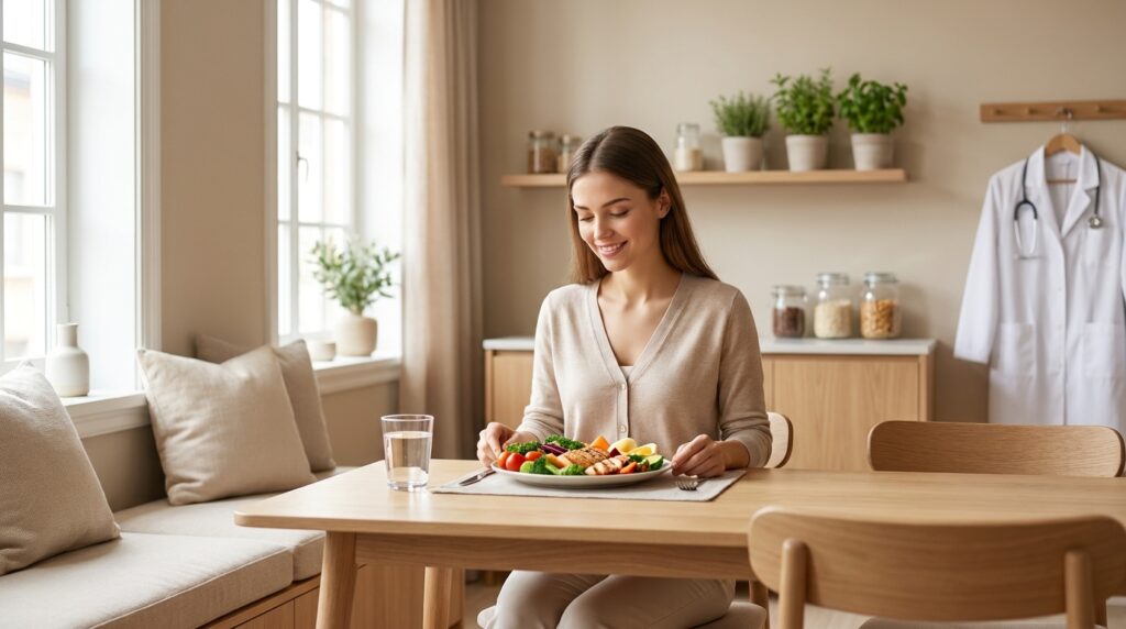 Jeune mère devant un repas équilibré, ambiance de cabinet de nutrition clinique lumineux