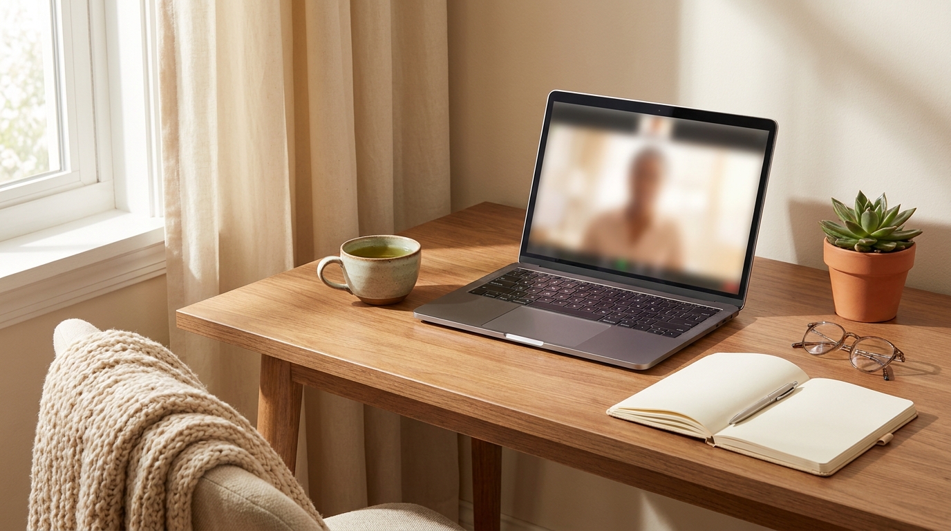 Consultation nutrition en ligne via Doctolib : bureau visio avec laptop tisane et carnet de notes