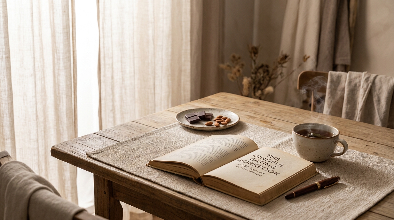 Diététique comportementale à Lyon : livre TCC-nutrition tisane et chocolat noir en pleine conscience