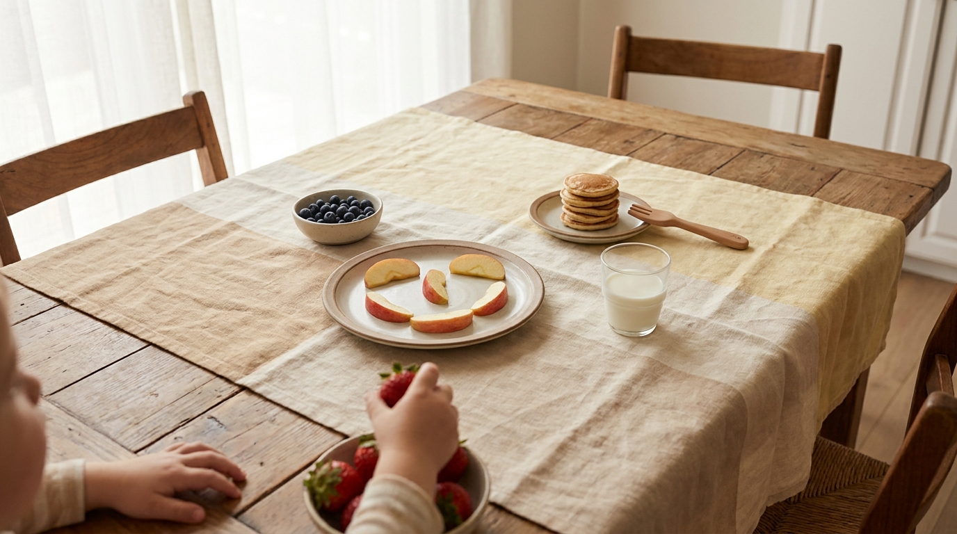 Nutritionniste enfant à Lyon : repas familial coloré avec fruits pancakes lait et mains d'enfant