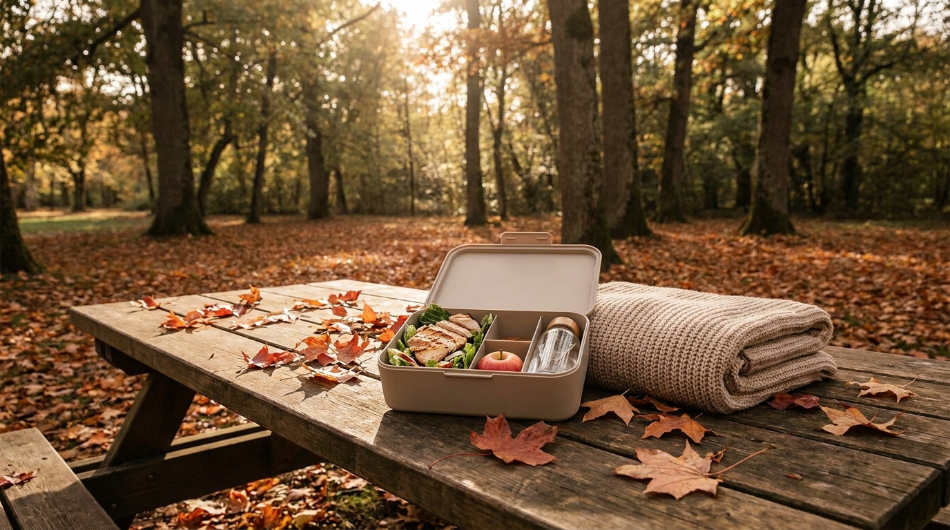 Nutritionniste à Bron : parc de Parilly en automne avec lunchbox saine et repas équilibré