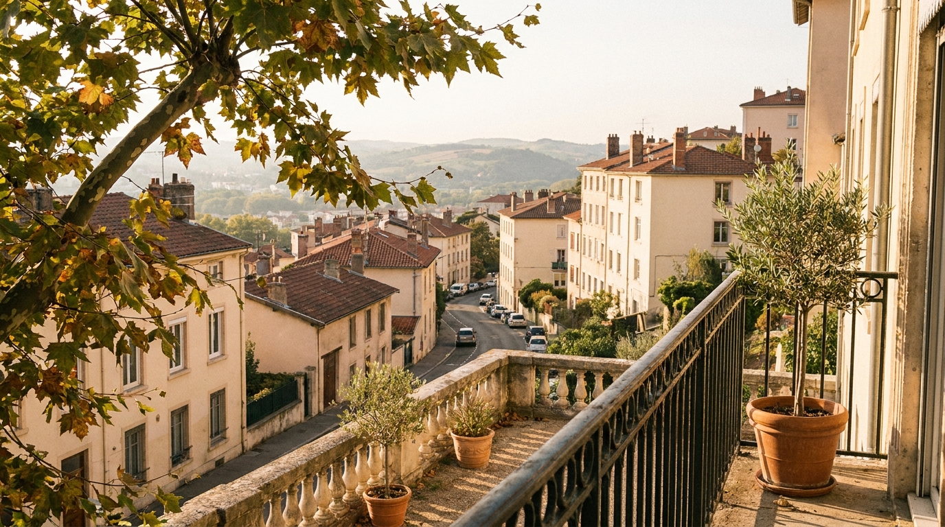 Nutritionniste à Caluire-et-Cuire : vue des collines de Lyon depuis un balcon en fer forgé