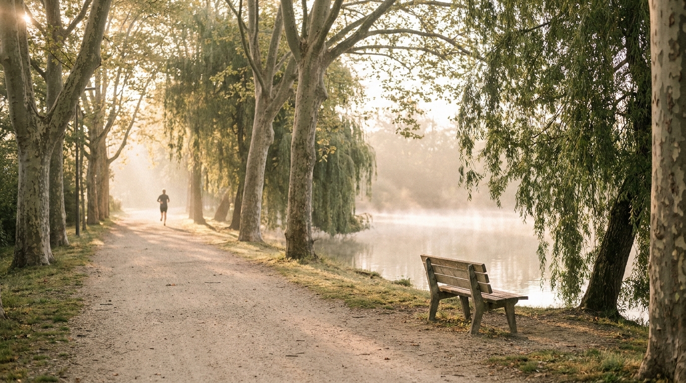 Nutritionniste à Meyzieu : chemin de promenade au bord du lac Grand Large avec silhouette de joggeuse