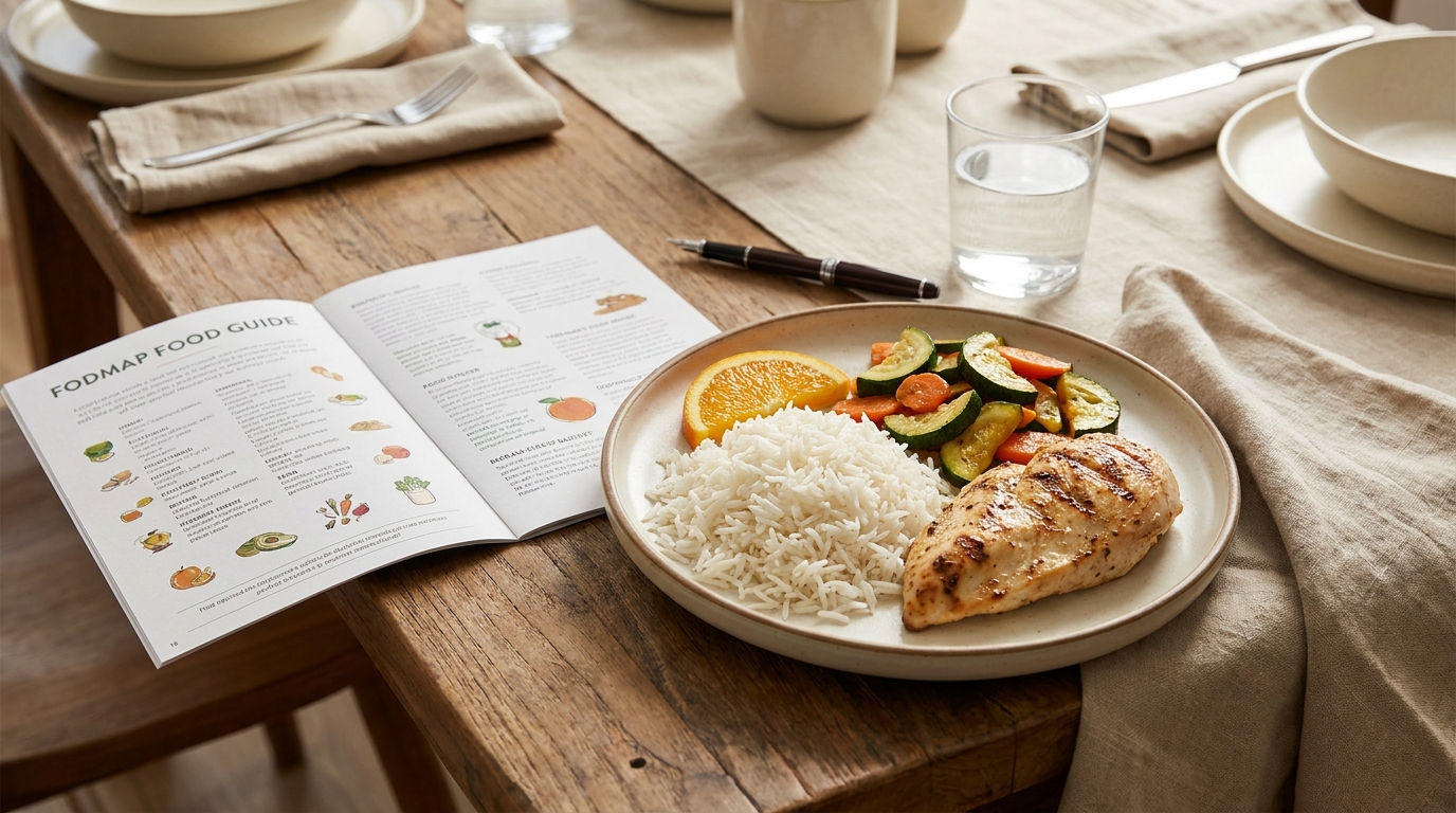 Programme FODMAP en ligne : plat low-FODMAP riz basmati poulet légumes avec guide alimentaire