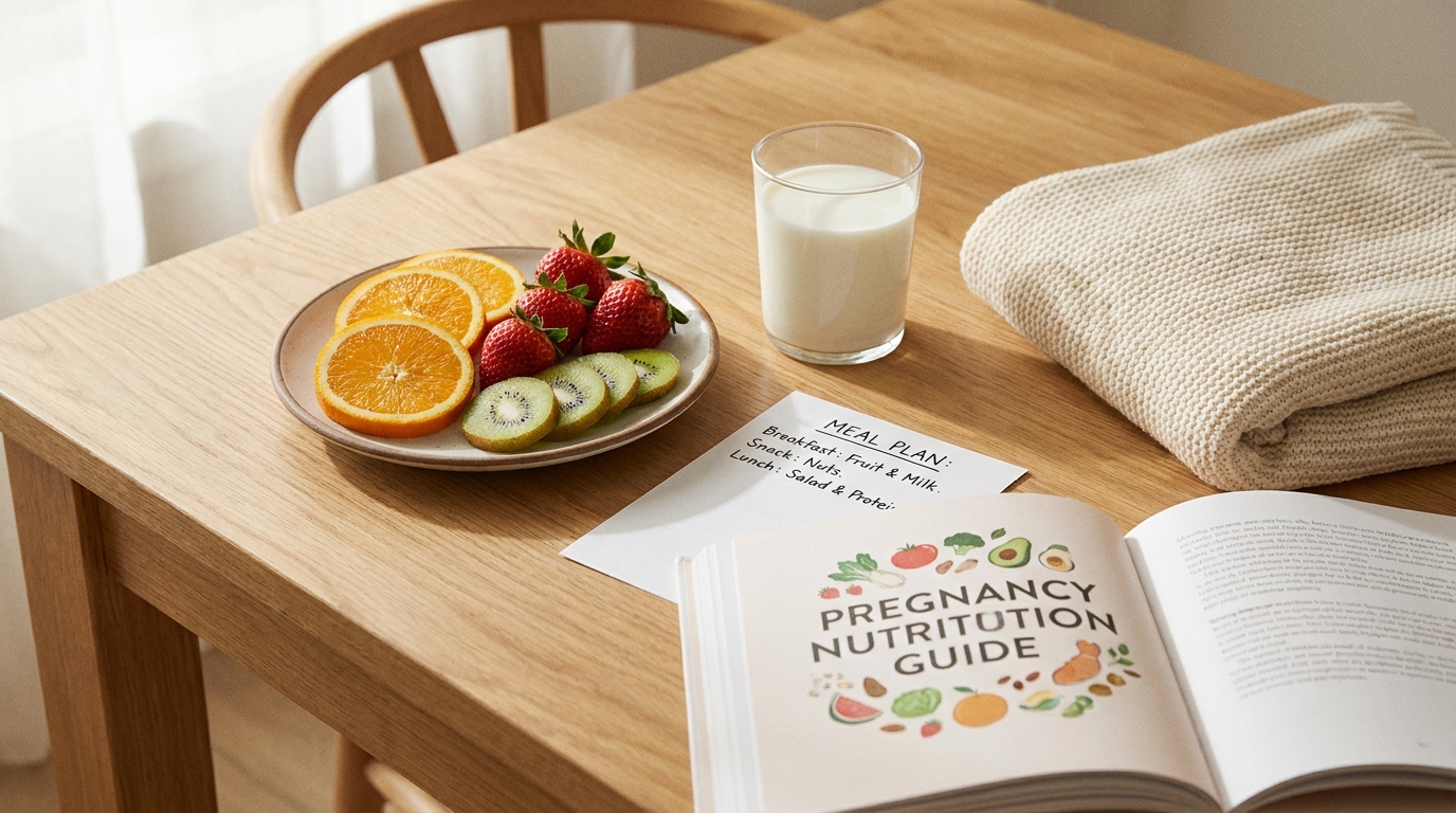 Programme nutrition grossesse post-partum : fruits frais verre de lait et plan alimentaire manuscrit
