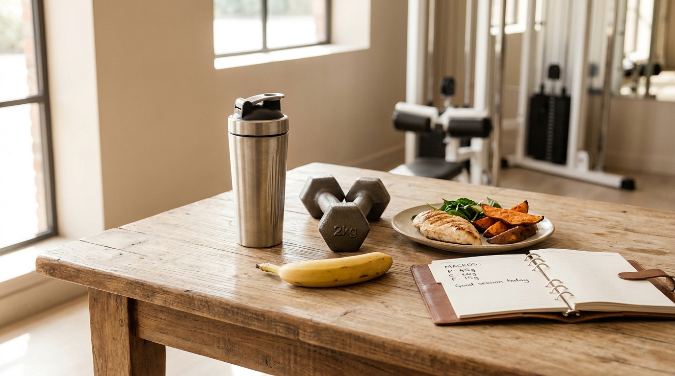 Programme micronutrition sportif : shaker protéiné haltères repas hyperprotéiné et carnet d'entraînement