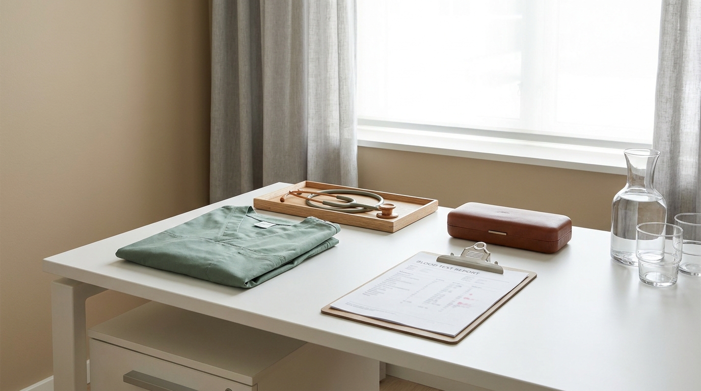 Programme nutrition RRAC pré et post-opératoire : blouse chirurgicale stéthoscope et bilan sanguin