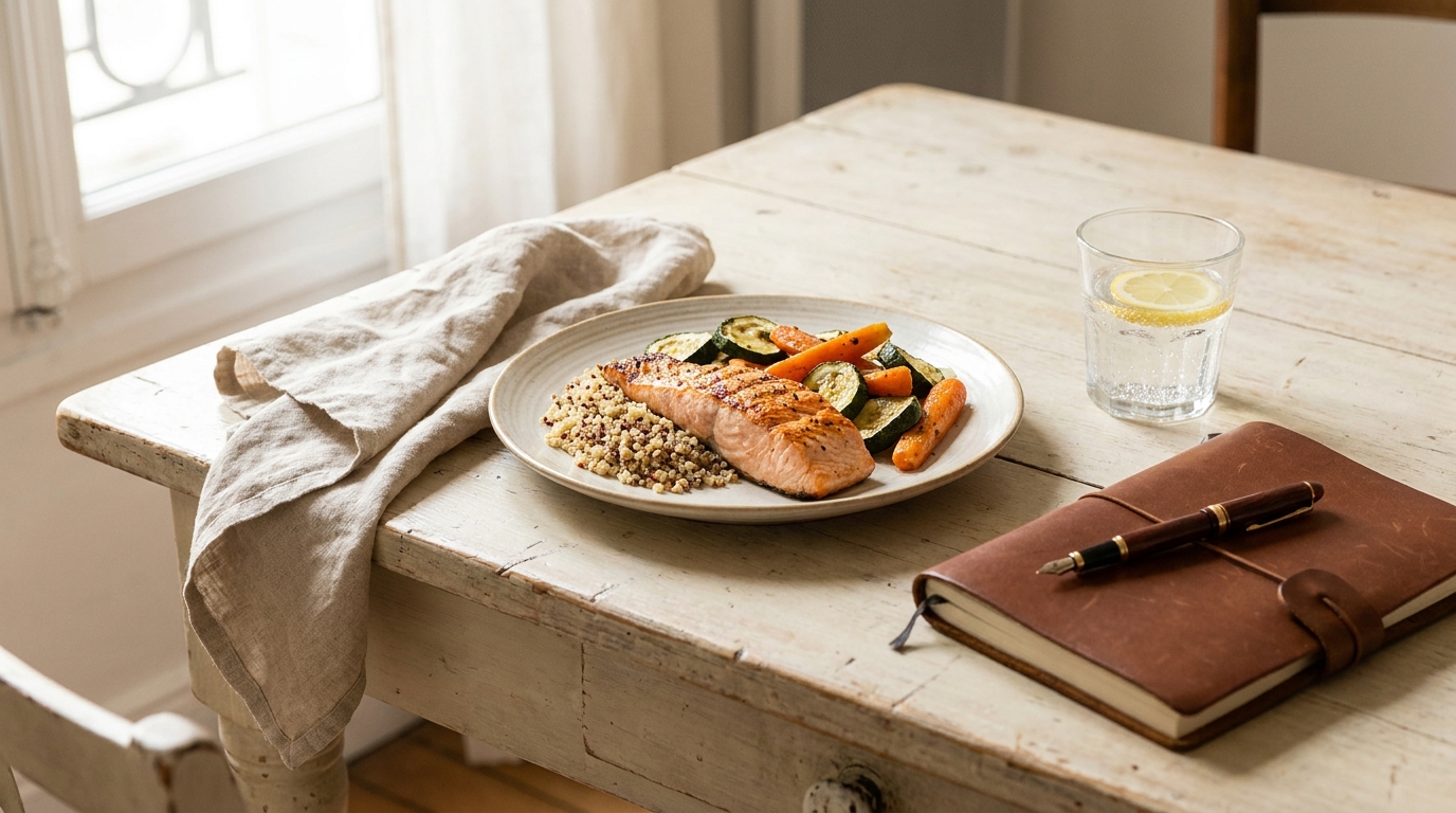 Programme perte de poids en ligne : assiette équilibrée saumon quinoa légumes et carnet de suivi personnalisé