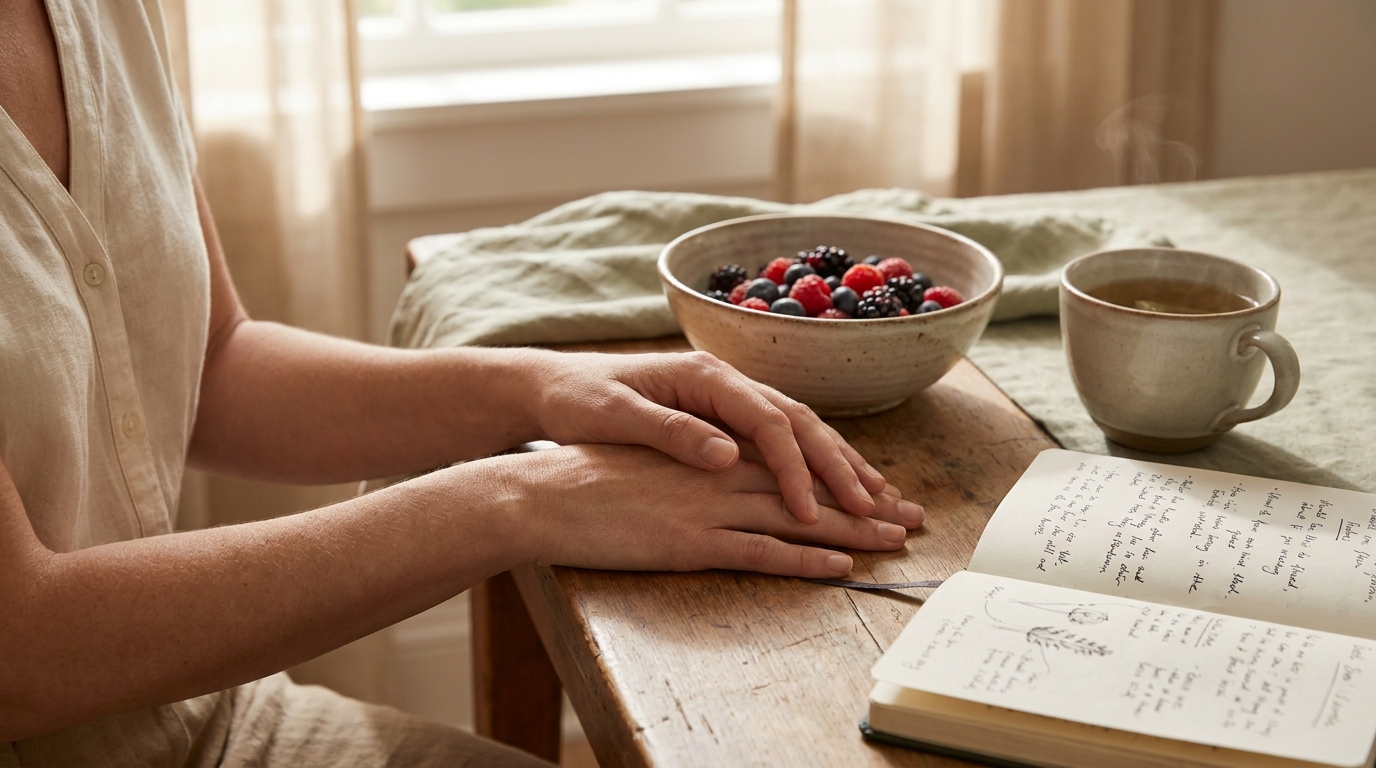 Programme TCA à distance : mains apaisées sur table avec journal alimentaire et tisane