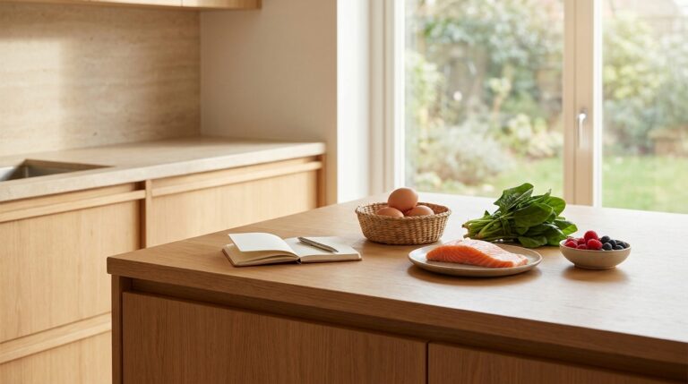 Cabinet de nutrition clinique lumineux avec aliments frais posés sur un plan de travail épuré
