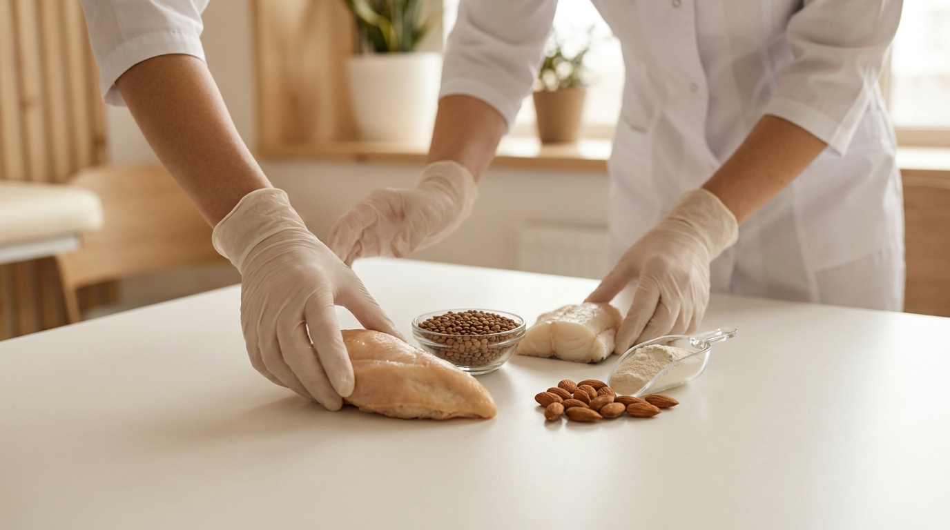 Comparaison entre aliments naturels riches en protéines et une poudre de complément sur une table de cabinet