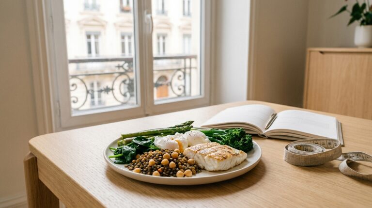 Assiette riche en protéines et carnet de suivi dans un cabinet de nutrition à Lyon
