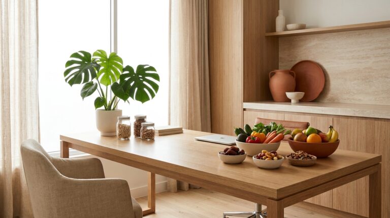 Cabinet de diététique lumineux et premium avec aliments frais sur la table