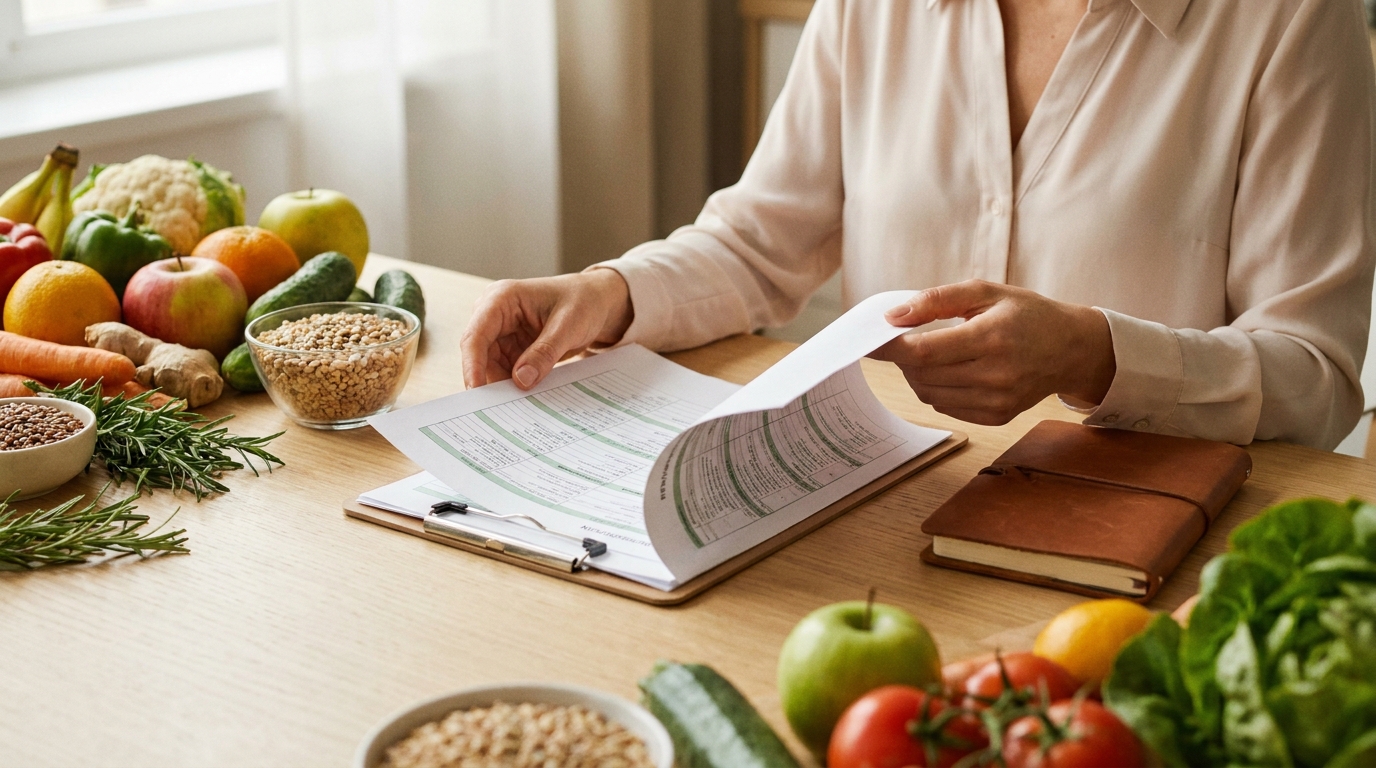 Diététicienne présentant un plan de suivi nutritionnel personnalisé à domicile