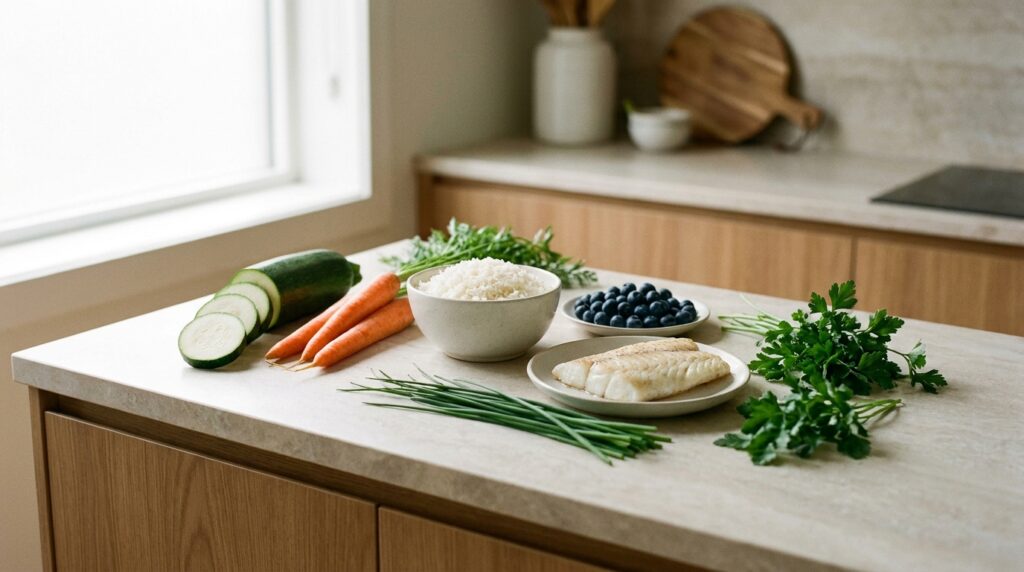 Aliments frais pauvres en FODMAP disposés dans un cabinet de nutrition lumineux
