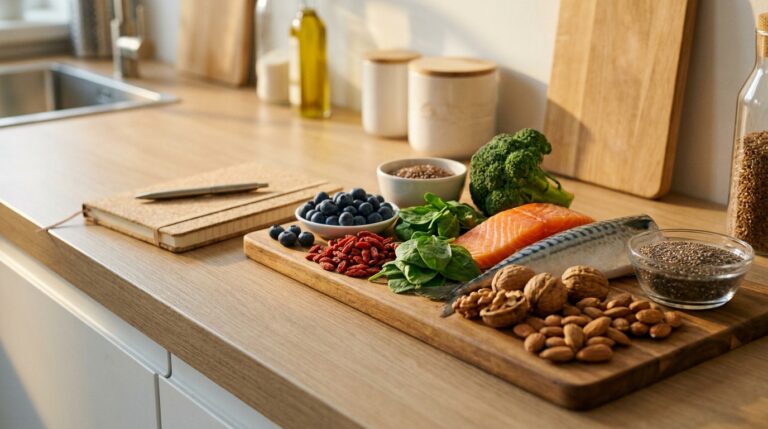 Aliments frais riches en micronutriments disposés dans un cabinet de nutrition lumineux